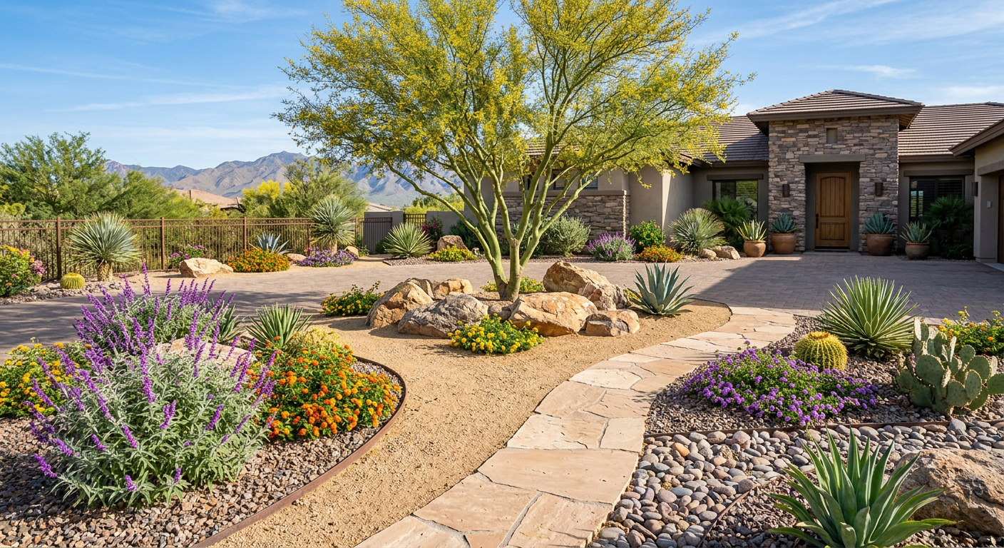 Desert landscape design with ornamental rock and native plants