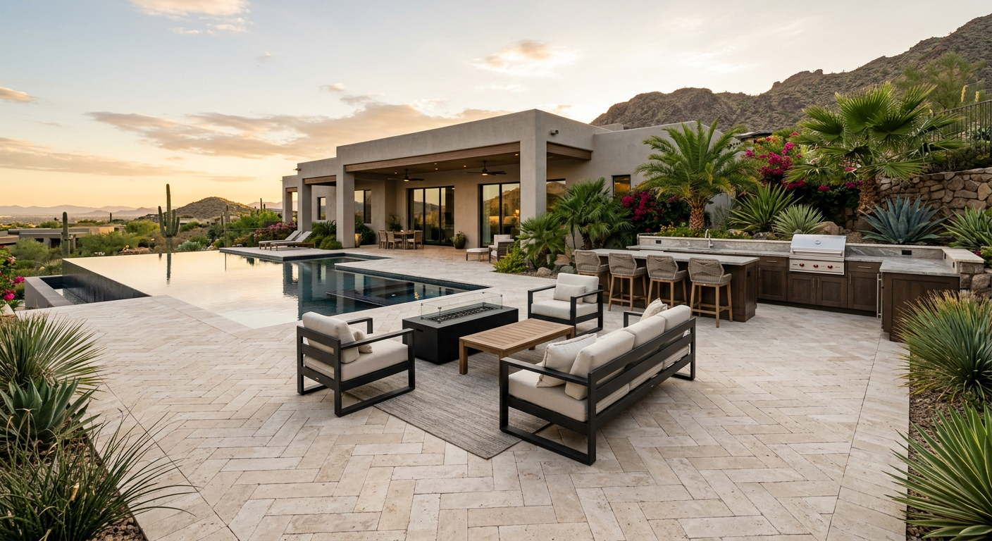 Modern travertine paver patio installation