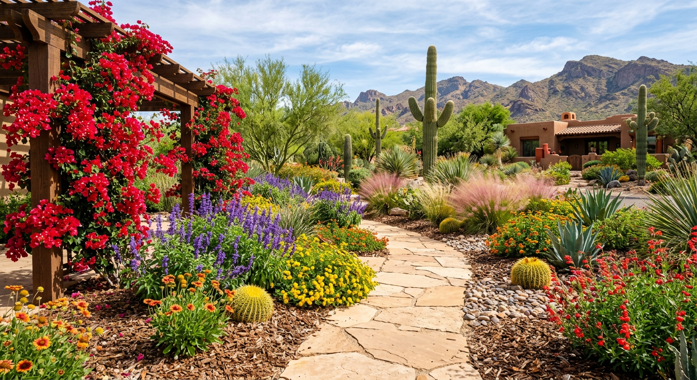 Colorful desert garden with blooming plants