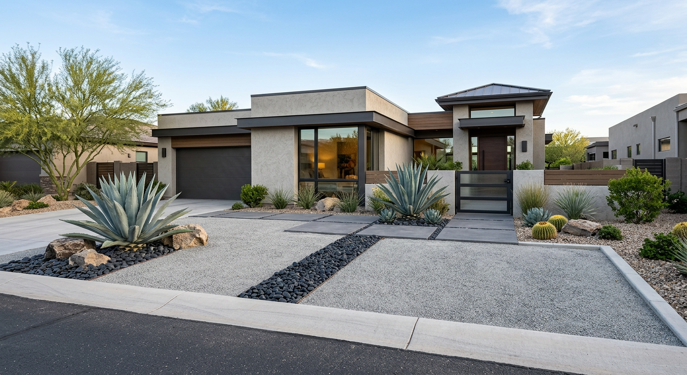 Minimalist gravel and decorative rock front yard